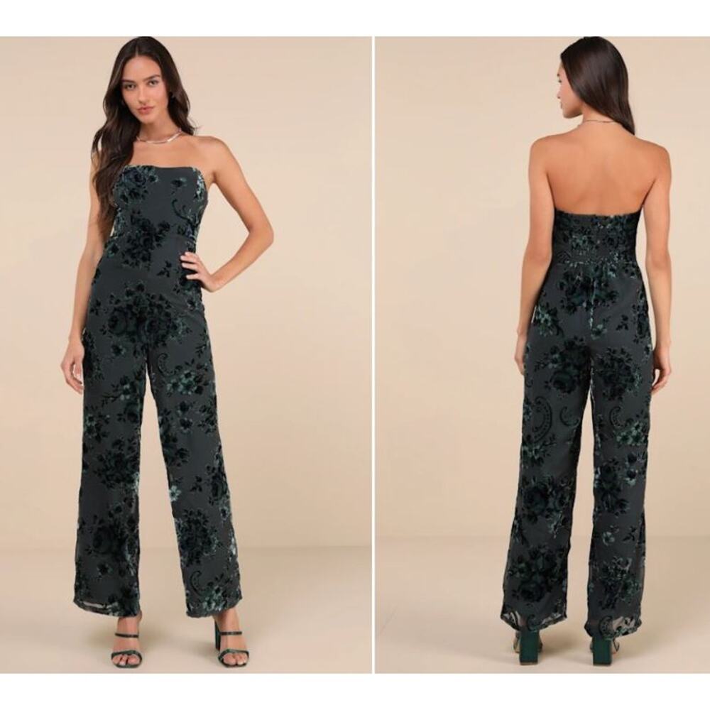Lulus Size XS‎ Teal Burnout Velvet Strapless Wide Leg Jumpsuit Holiday Party